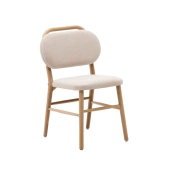 Ontdek de Kave Home Helda eetstoel van massief eikenhout met waterafstotend chenille. Vervaardigd met stoombuigtechniek voor duurzaamheid en stijlvol, klassiek-modern design.