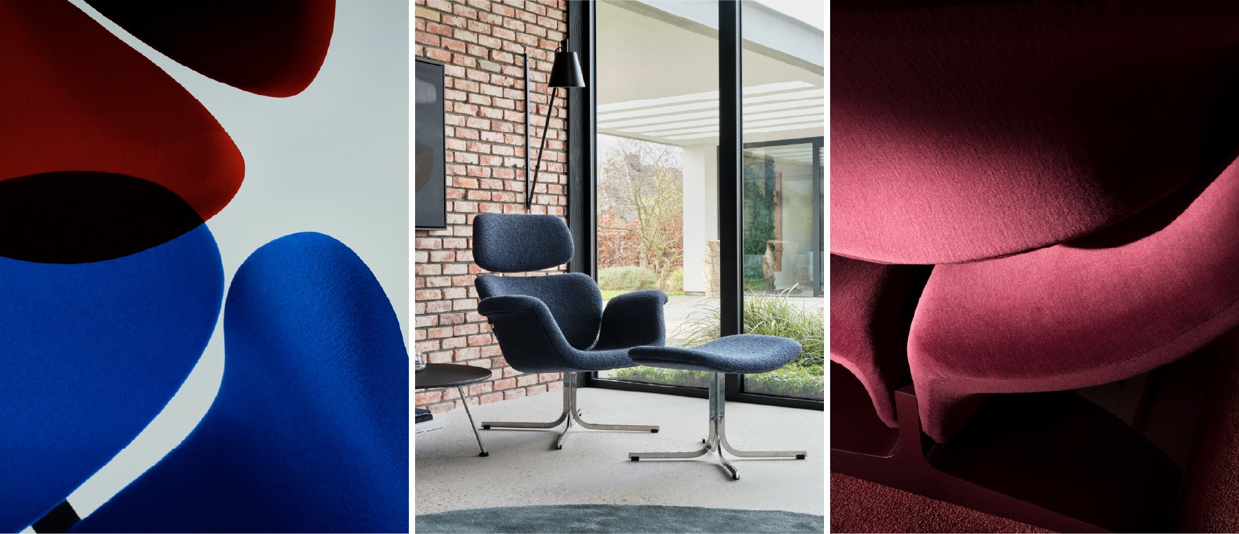Drie beelden van moderne Artifort stoelen: close-ups van rode en blauwe bekleding, een lounge setting met blauwe fauteuil, en bordeauxrode texturen.