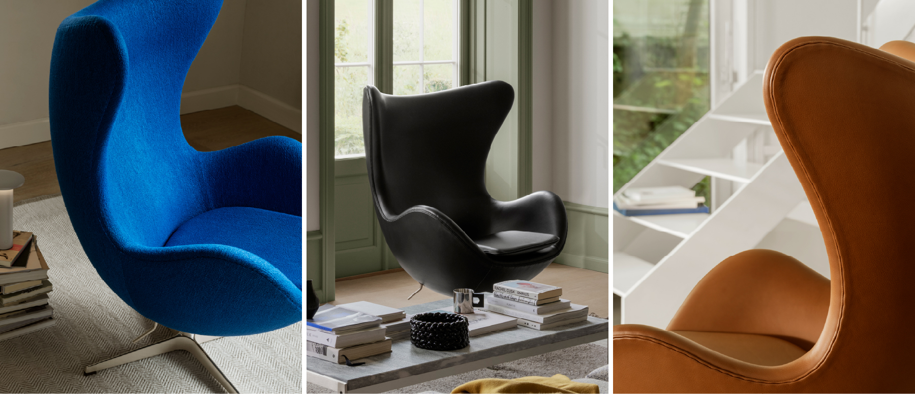 Drie Egg Chairs in verschillende settings: blauw met boeken op licht vloerkleed, zwart voor groen raam met decoratie, lichtbruin bij witte trap.