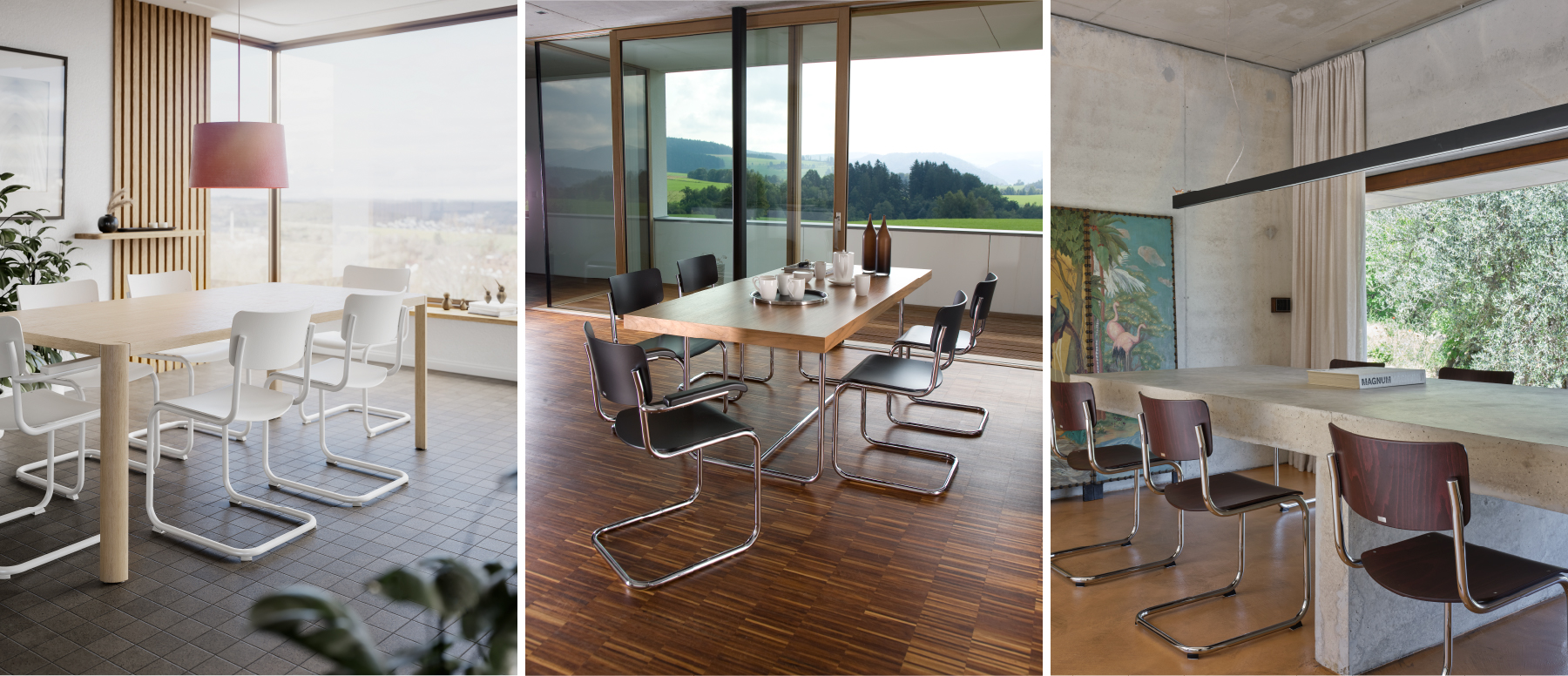 Drie moderne eet- of vergaderruimtes met Thonet S43 stoelen in wit, zwart en donker hout &ndash; elk met een minimalistisch tafelontwerp en grote ramen met uitzicht &ndash; Van Til Interieur.